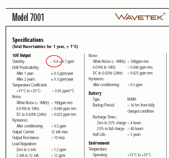 Wavetek对7000系列的指标，预测漂移也是负的。这里，0.8+0.7=1.5ppm就是稳定度，
